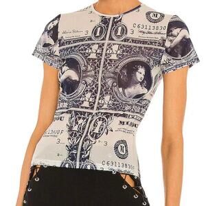 Miaou Money Print Sheer Baby Tee Navy Cream XS
